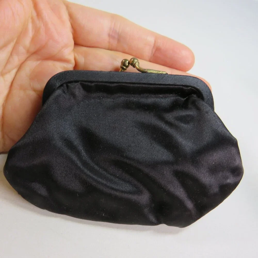 Vintage Black Velvet Kiss-Lock Clutch Purse, satin change & Jeweled Mirror Brush